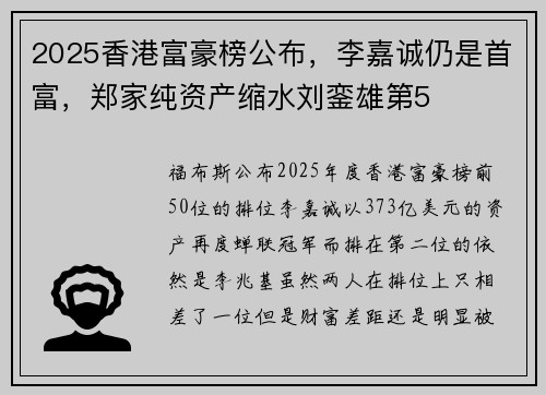 2025香港富豪榜公布，李嘉诚仍是首富，郑家纯资产缩水刘銮雄第5