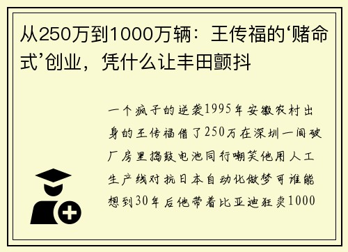 从250万到1000万辆：王传福的‘赌命式’创业，凭什么让丰田颤抖