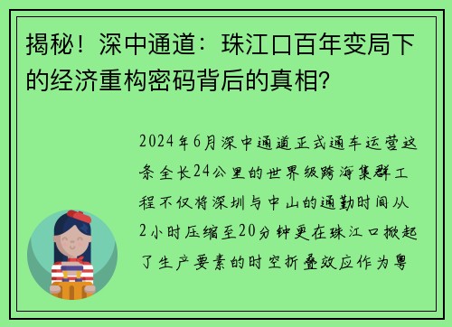 揭秘!深中通道:珠江口百年变局下的经济重构密码背后的真相? 揭秘!深中通道:珠江口百年变局下的经济重构密码背后的真相?
