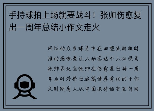手持球拍上场就要战斗！张帅伤愈复出一周年总结小作文走火