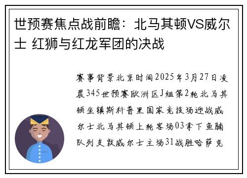 世预赛焦点战前瞻：北马其顿VS威尔士 红狮与红龙军团的决战