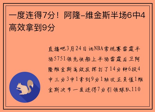 一度连得7分！阿隆-维金斯半场6中4高效拿到9分
