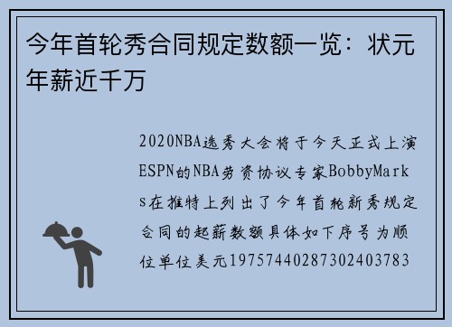 今年首轮秀合同规定数额一览：状元年薪近千万