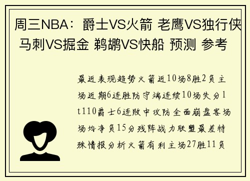 周三NBA：爵士VS火箭 老鹰VS独行侠 马刺VS掘金 鹈鹕VS快船 预测 参考