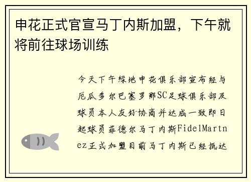 申花正式官宣马丁内斯加盟，下午就将前往球场训练