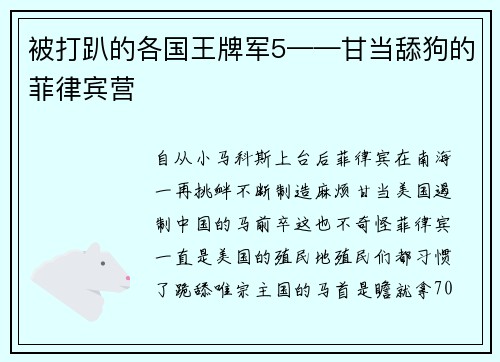 被打趴的各国王牌军5——甘当舔狗的菲律宾营
